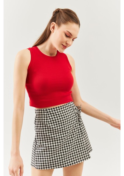 Kırmızı Sıfır Kol Bisiklet Yaka Vucuda Oturan %100 Pamuklu Kaşkorse Esnek Crop Bluz fiyatları