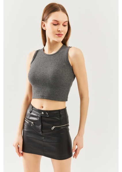 Füme Sıfır Kol Bisiklet Yaka Vücuda Oturan %100 Pamuklu Kaşkorse Esnek Crop Bluz