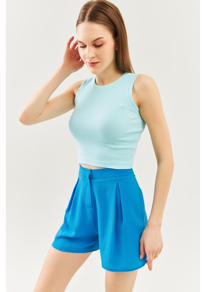 Aqua Sıfır Kol Bisiklet Yaka Vücuda Oturan %100 Pamuklu Kaşkorse Esnek Crop Bluz