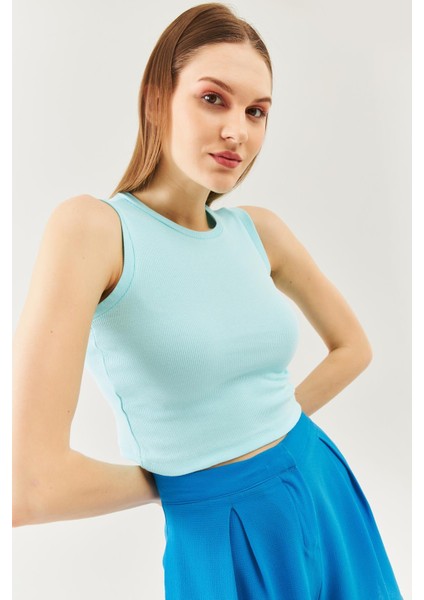 Aqua Sıfır Kol Bisiklet Yaka Vücuda Oturan %100 Pamuklu Kaşkorse Esnek Crop Bluz fiyatları