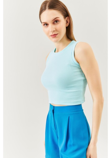 Aqua Sıfır Kol Bisiklet Yaka Vücuda Oturan %100 Pamuklu Kaşkorse Esnek Crop Bluz fırsatları