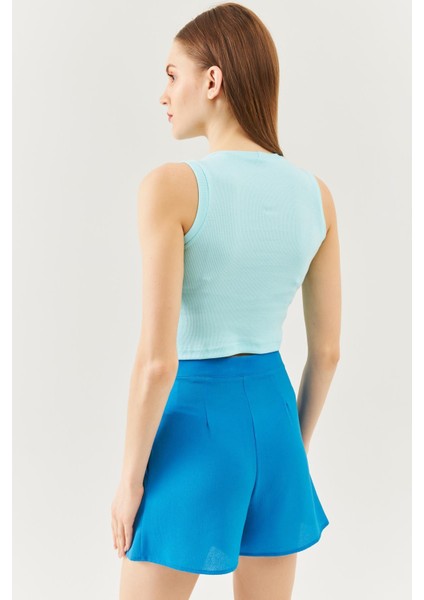 Aqua Sıfır Kol Bisiklet Yaka Vücuda Oturan %100 Pamuklu Kaşkorse Esnek Crop Bluz indirimleri