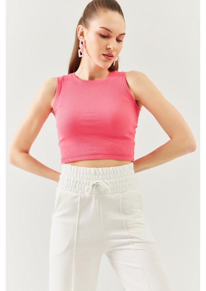 Pembe Sıfır Kol Bisiklet Yaka Vücuda Oturan %100 Pamuklu Kaşkorse Esnek Crop Bluz