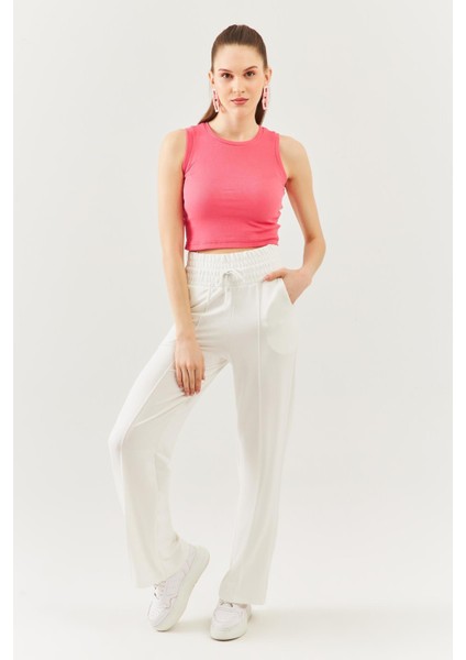 Pembe Sıfır Kol Bisiklet Yaka Vücuda Oturan %100 Pamuklu Kaşkorse Esnek Crop Bluz fiyatları