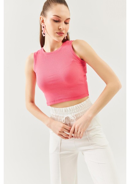 Pembe Sıfır Kol Bisiklet Yaka Vücuda Oturan %100 Pamuklu Kaşkorse Esnek Crop Bluz modelleri