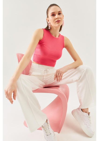 Pembe Sıfır Kol Bisiklet Yaka Vücuda Oturan %100 Pamuklu Kaşkorse Esnek Crop Bluz fırsatları