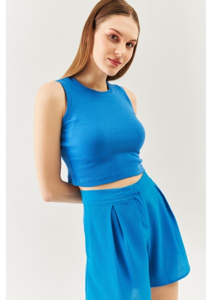 Parlament Sıfır Kol Bisiklet Yaka Vucuda Oturan %100 Pamuklu Kaşkorse Esnek Crop Bluz