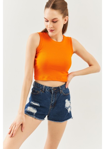 Turuncu Sıfır Kol Bisiklet Yaka Vücuda Oturan %100 Pamuklu Kaşkorse Esnek Crop Bluz fırsatları