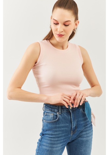 Pudra Sıfır Kol Bisiklet Yaka Vucuda Oturan %100 Pamuklu Kaşkorse Esnek Crop Bluz