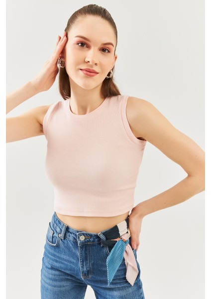 Pudra Sıfır Kol Bisiklet Yaka Vucuda Oturan %100 Pamuklu Kaşkorse Esnek Crop Bluz fiyatları