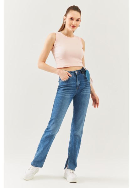 Pudra Sıfır Kol Bisiklet Yaka Vucuda Oturan %100 Pamuklu Kaşkorse Esnek Crop Bluz modelleri