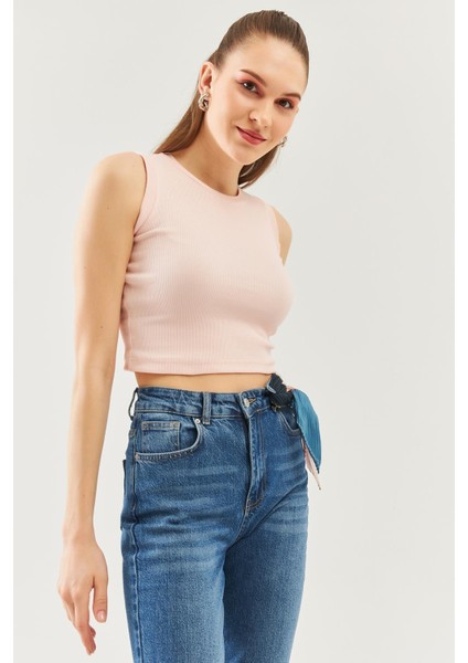 Pudra Sıfır Kol Bisiklet Yaka Vucuda Oturan %100 Pamuklu Kaşkorse Esnek Crop Bluz fırsatları