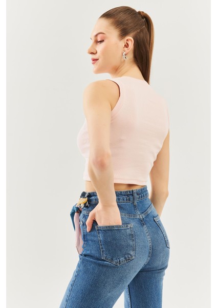 Pudra Sıfır Kol Bisiklet Yaka Vucuda Oturan %100 Pamuklu Kaşkorse Esnek Crop Bluz indirimleri