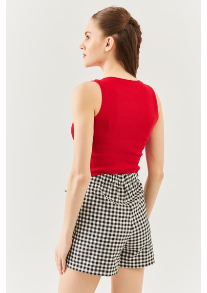 Kırmızı Sıfır Kol Bisiklet Yaka Vucuda Oturan %100 Pamuklu Kaşkorse Esnek Crop Bluz indirimleri