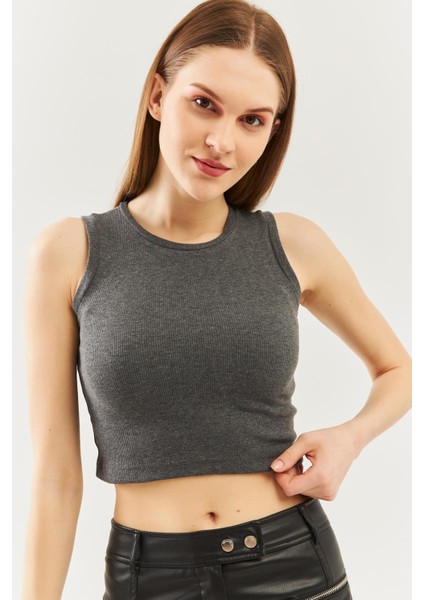 Füme Sıfır Kol Bisiklet Yaka Vücuda Oturan %100 Pamuklu Kaşkorse Esnek Crop Bluz fiyatları