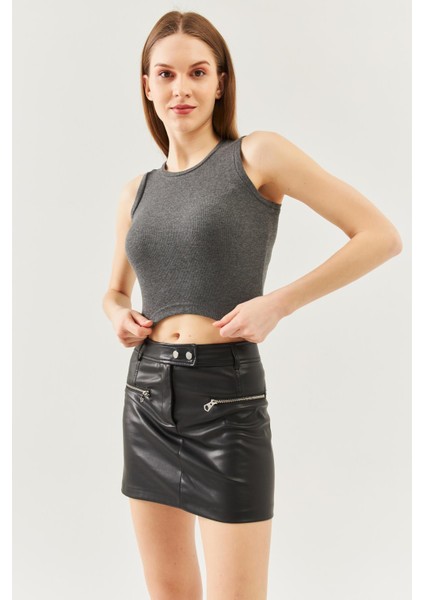 Füme Sıfır Kol Bisiklet Yaka Vücuda Oturan %100 Pamuklu Kaşkorse Esnek Crop Bluz fırsatları