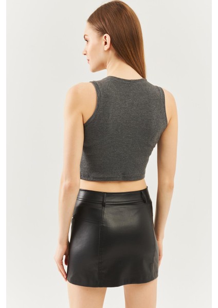 Füme Sıfır Kol Bisiklet Yaka Vücuda Oturan %100 Pamuklu Kaşkorse Esnek Crop Bluz indirimleri
