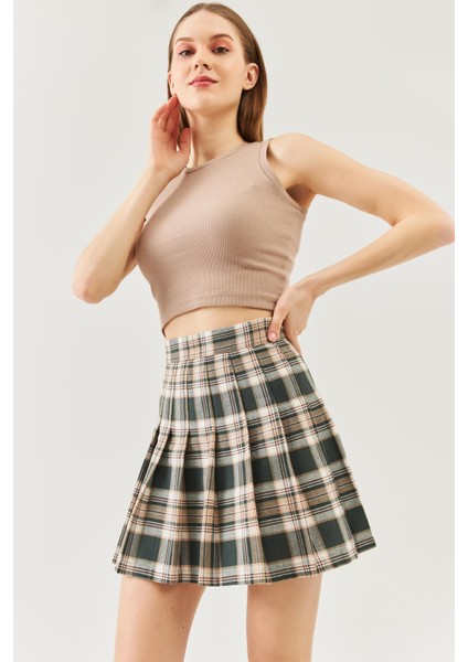 Açık Kahve Sıfır Kol Bisiklet Yaka Vucuda Oturan %100 Pamuklu Kaşkorse Esnek Crop Bluz