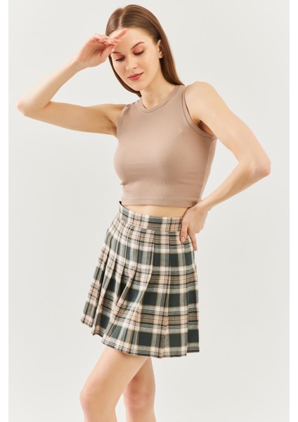 Açık Kahve Sıfır Kol Bisiklet Yaka Vucuda Oturan %100 Pamuklu Kaşkorse Esnek Crop Bluz fiyatları