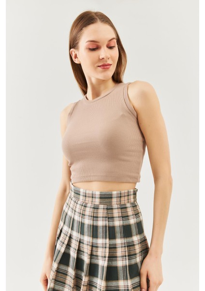 Açık Kahve Sıfır Kol Bisiklet Yaka Vucuda Oturan %100 Pamuklu Kaşkorse Esnek Crop Bluz modelleri