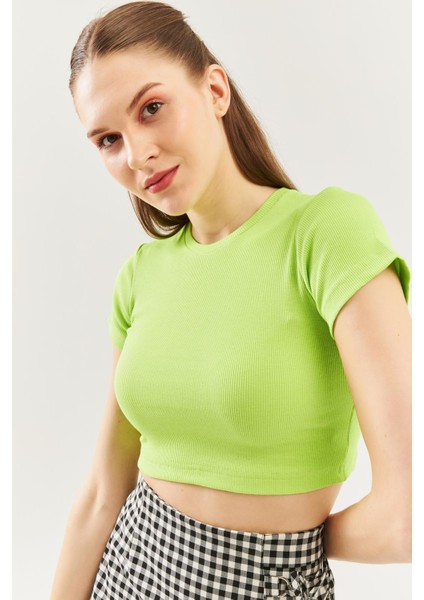 Fıstık Yeşili Kısa Kol Bisiklet Yaka Vücuda Oturan %100 Pamuklu Kaşkorse Esnek Crop Bluz