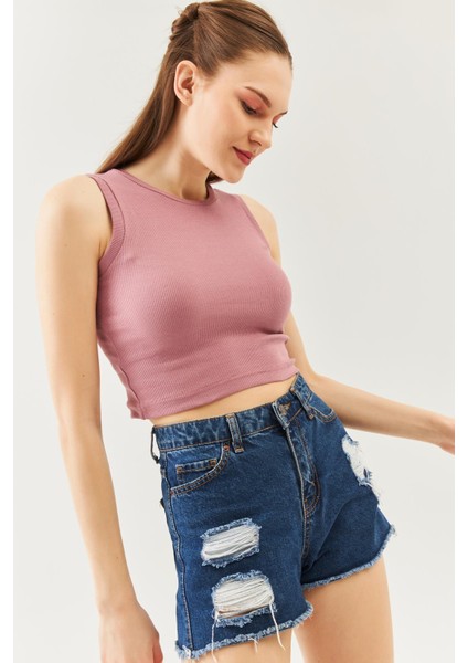 Gül Kurusu Sıfır Kol Bisiklet Yaka Vucuda Oturan %100 Pamuklu Kaşkorse Esnek Crop Bluz fiyatları