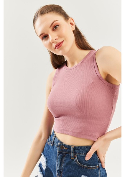 Gül Kurusu Sıfır Kol Bisiklet Yaka Vucuda Oturan %100 Pamuklu Kaşkorse Esnek Crop Bluz modelleri