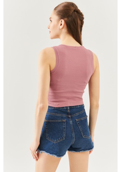 Gül Kurusu Sıfır Kol Bisiklet Yaka Vucuda Oturan %100 Pamuklu Kaşkorse Esnek Crop Bluz indirimleri