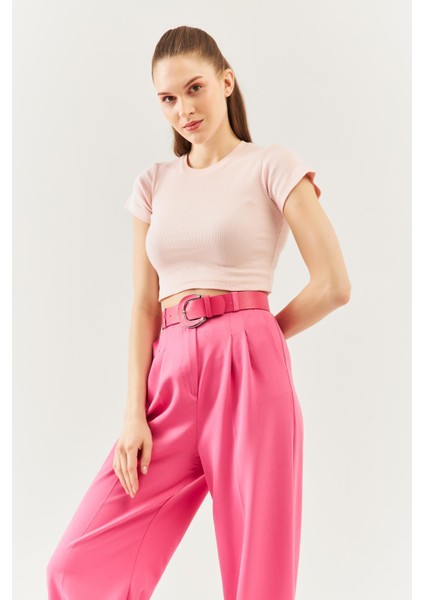 Pudra Kısa Kol Bisiklet Yaka Vücuda Oturan %100 Pamuklu Kaşkorse Esnek Crop Bluz