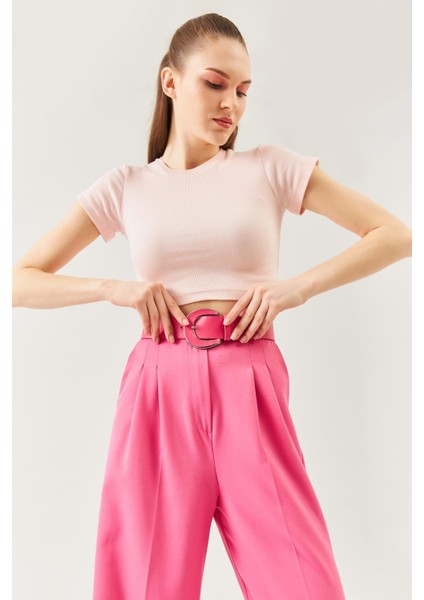 Pudra Kısa Kol Bisiklet Yaka Vücuda Oturan %100 Pamuklu Kaşkorse Esnek Crop Bluz fiyatları