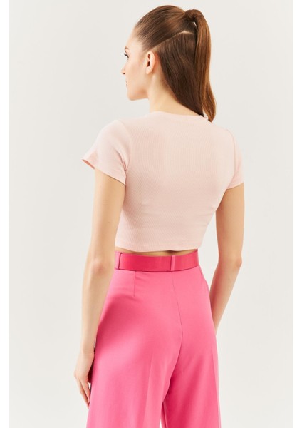 Pudra Kısa Kol Bisiklet Yaka Vücuda Oturan %100 Pamuklu Kaşkorse Esnek Crop Bluz indirimleri