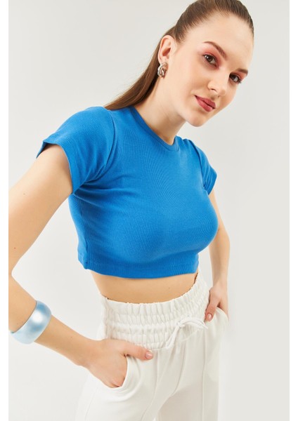 Parlement Kısa Kol Bisiklet Yaka Vücuda Oturan %100 Pamuklu Kaşkorse Esnek Crop Bluz