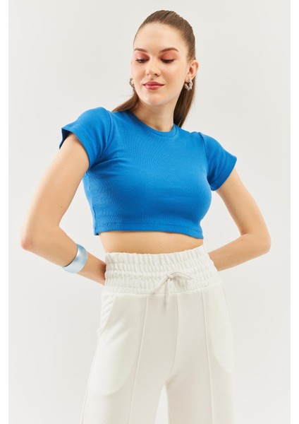 Parlement Kısa Kol Bisiklet Yaka Vücuda Oturan %100 Pamuklu Kaşkorse Esnek Crop Bluz fiyatları