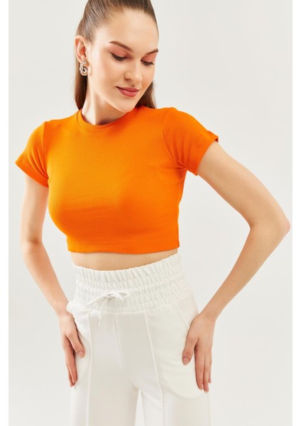 Turuncu Kısa Kol Bisiklet Yaka Vücuda Oturan %100 Pamuklu Kaşkorse Esnek Crop Bluz fiyatları