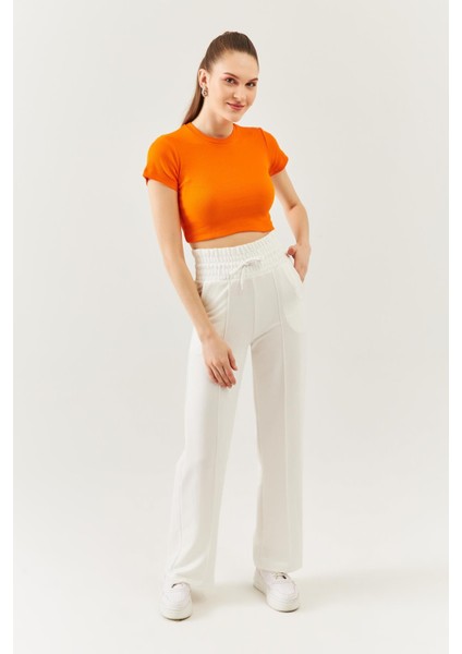 Turuncu Kısa Kol Bisiklet Yaka Vücuda Oturan %100 Pamuklu Kaşkorse Esnek Crop Bluz modelleri