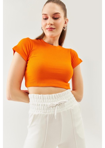 Turuncu Kısa Kol Bisiklet Yaka Vücuda Oturan %100 Pamuklu Kaşkorse Esnek Crop Bluz fırsatları