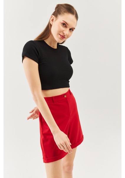 Siyah Kısa Kol Bisiklet Yaka Vücuda Oturan %100 Pamuklu Kaşkorse Esnek Crop Bluz fiyatları