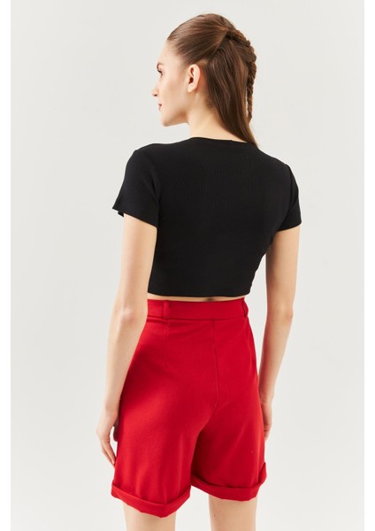 Siyah Kısa Kol Bisiklet Yaka Vücuda Oturan %100 Pamuklu Kaşkorse Esnek Crop Bluz indirimleri
