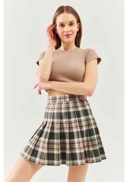 Açık Kahve Kısa Kol Bisiklet Yaka Vücuda Oturan %100 Pamuklu Kaşkorse Esnek Crop Bluz fiyatları