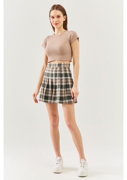 Açık Kahve Kısa Kol Bisiklet Yaka Vücuda Oturan %100 Pamuklu Kaşkorse Esnek Crop Bluz modelleri