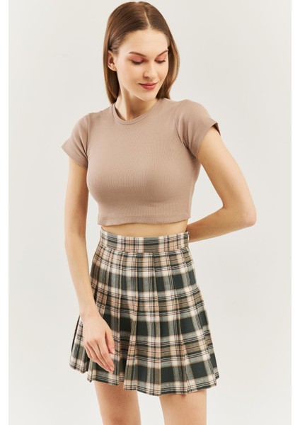 Açık Kahve Kısa Kol Bisiklet Yaka Vücuda Oturan %100 Pamuklu Kaşkorse Esnek Crop Bluz fırsatları