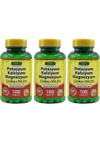 Potassium Calcium Magnesium Zinc Vitamin D3 3 x 100 Tablet Potasyum Kalsiyum Magnezyum Çinko