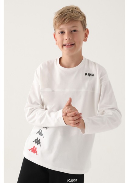 Krem Bisiklet Yaka Kappa Logo Baskılı Erkek Çocuk Sweatshirt modelleri