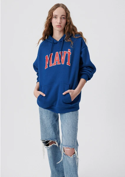 Kadın Mavi Logo Baskılı Kapüşonlu Lacivert Sweatshirt 1600361-82625