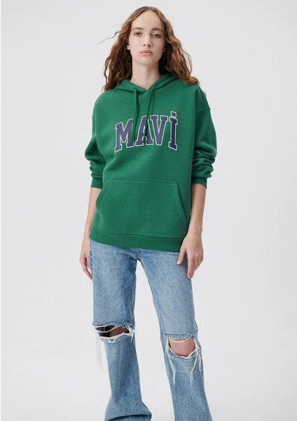 Kadın Mavi Logo Baskılı Kapüşonlu Yeşil Sweatshirt 1600361-71892