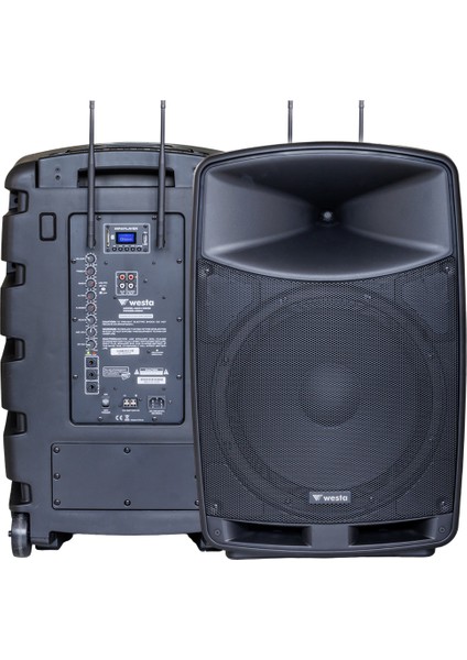 Dexter Westa WAP-15505 400 Watt 15 2 Yollu 2 El Telsiz Mikrofonlu Bluetooth Özellikli Şarjlı Aktif Kabin Hoparlör