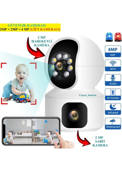 Ucuzcu Market Güvenlik Kamerası (Çift Kameralı 2mp +2mp=4mp) Uzaktan Izleme ve Hareket Ettirme -Kayıt Etme-Gece Görüş-Ses-Hareket Algılama