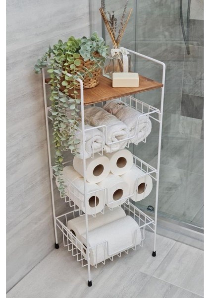 Ahşap Metal Çok Amaçlı 3 Katlı Banyo Düzenleyici Organizer Ceviz Raflı - Beyaz – MRS-001