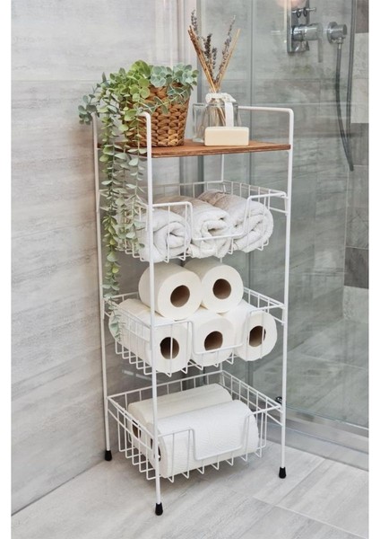 Ahşap Metal Çok Amaçlı 3 Katlı Banyo Düzenleyici Organizer Ceviz Raflı - Beyaz – MRS-001