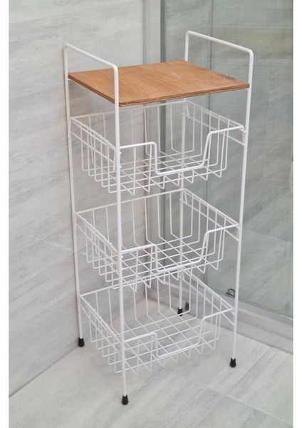 Ahşap Metal Çok Amaçlı 3 Katlı Banyo Düzenleyici Organizer Ceviz Raflı - Beyaz – MRS-001